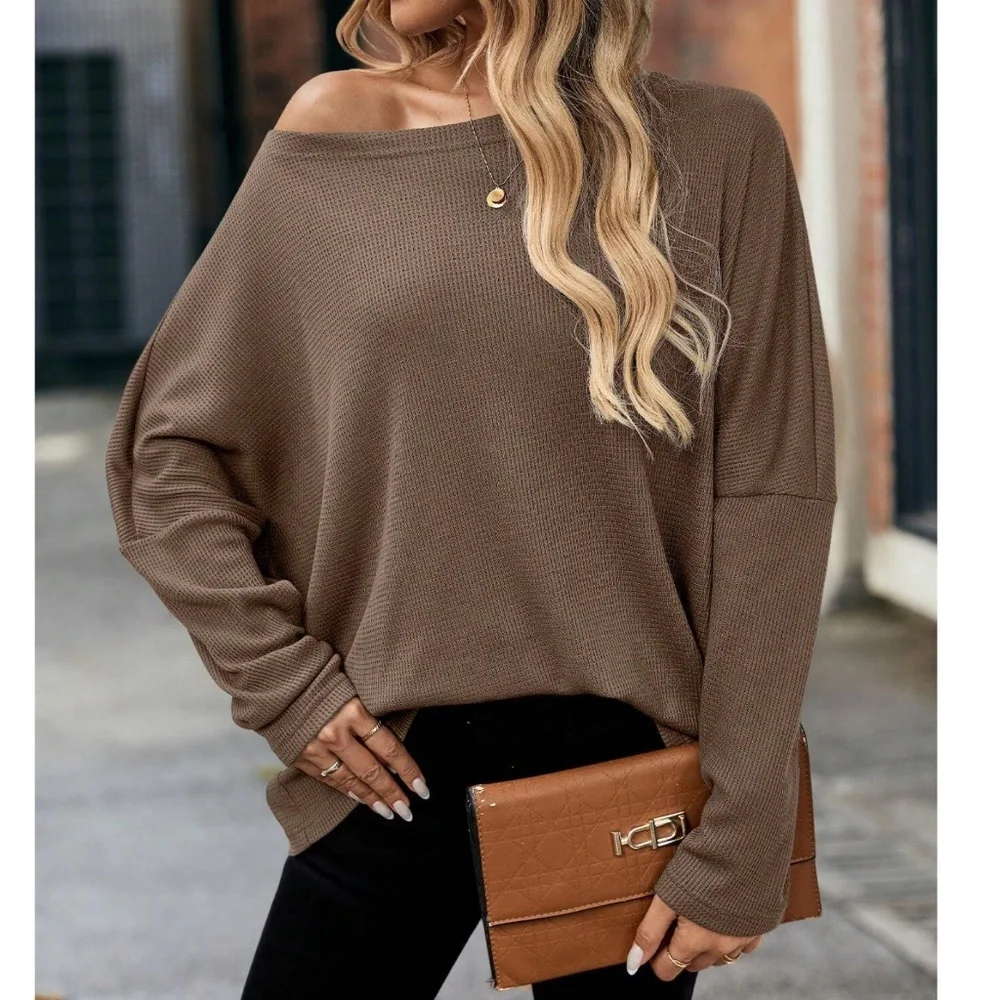 Solid Off Shoulder Loose Fit Waffle Long Sleeve Top - Picture 11 of 16